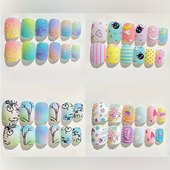 96pc Press On Gradient Short Square Nails For Girls Nails+File+Jelly Gel Tabs - Picture 1 of 8